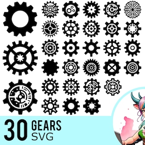 May include: A set of 30 black and white gear SVG files. The gears are various sizes and shapes, with some having a more intricate design than others.