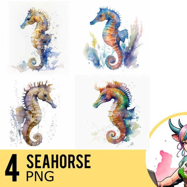 Seahorse Watercolor PNG clipart, Seahorse Portrait PNG Watercolour, Instant Download, Commercial Use, Four Separate PNG Image, UD149