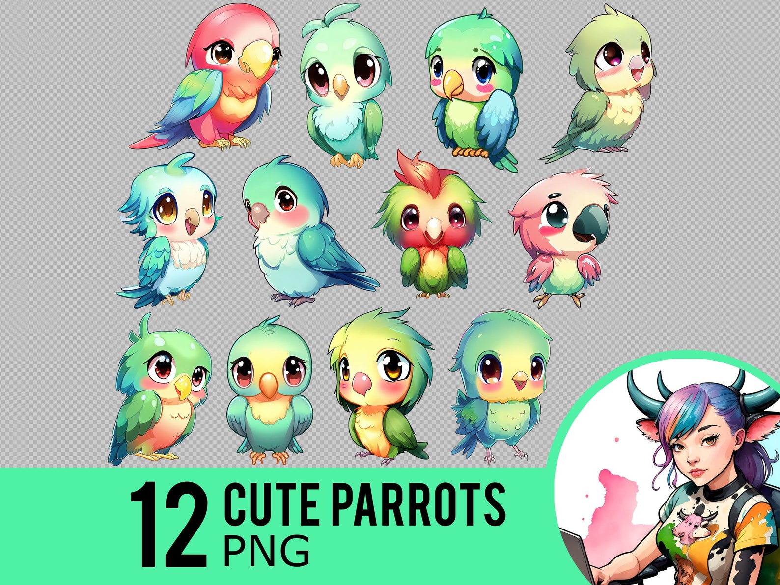 Cute Parrot Clipart PNG, Kawaii Parrots Clip Art, Anime Parakeets PNG ...
