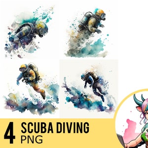 Scuba Diving Watercolor PNG clipart, Snorkeling Portrait Watercolour PNG, Instant Download, Commercial Use, Four Separate PNG Images, UD320