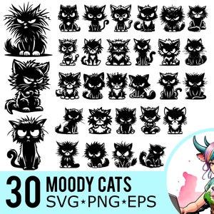 Cartoon Cat SVG PNG EPS clipart, Moody Angry Frazzled Silhouette Cats Kittens Template, Cut Files, Instant Download, 30 Bundle Templates