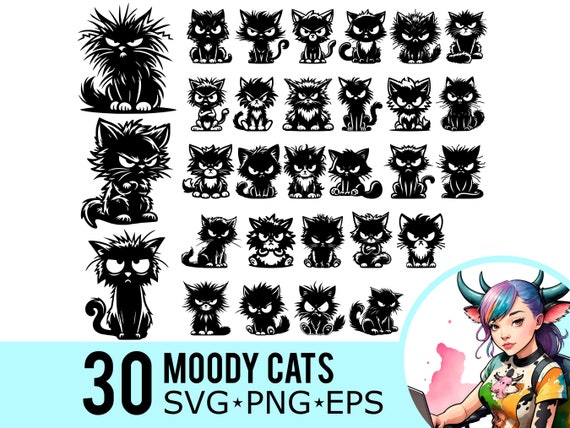 Moody Cartoon Cat Clipart: Frazzled Kitten SVG PNG EPS (30 Bundle) (Instant Download)