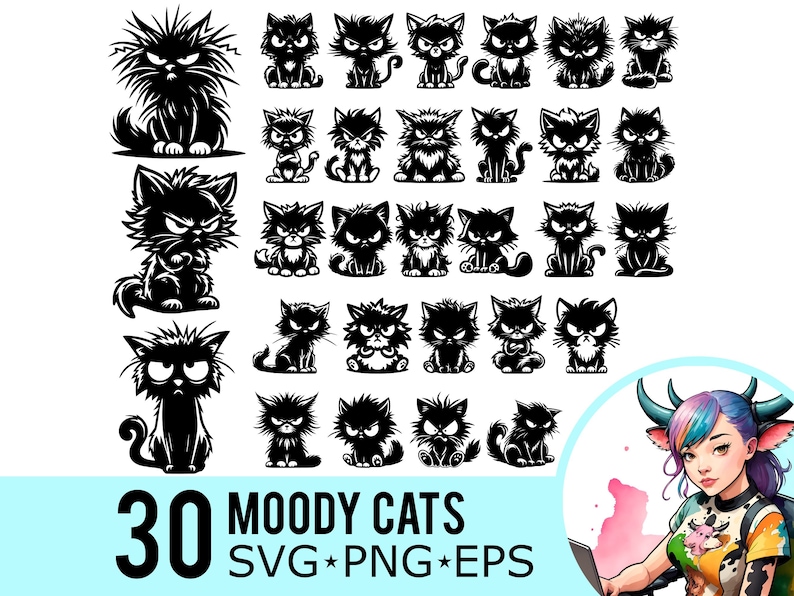 May include: A collection of 30 black, stylized illustrations of moody cats in various poses. The image includes the text "30 Moody Cats SVG PNG EPS". The cats have angry expressions and are depicted in a cartoon style.