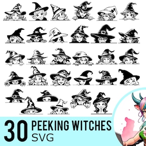 Peeking Witch SVG Clipart, Halloween Witches Face Silhouette, Witchcraft Template, Cut Files, Instant Download, 30 SVG Bundle Templates, 575