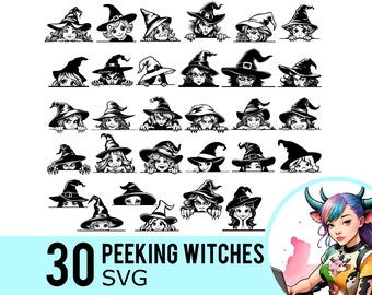 Peeking Witch SVG Clipart: 30 Halloween Silhouette Templates (Instant Download)