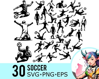 May include: A set of 30 black and white silhouette illustrations of soccer players in various poses. The illustrations are perfect for use in digital or print projects.