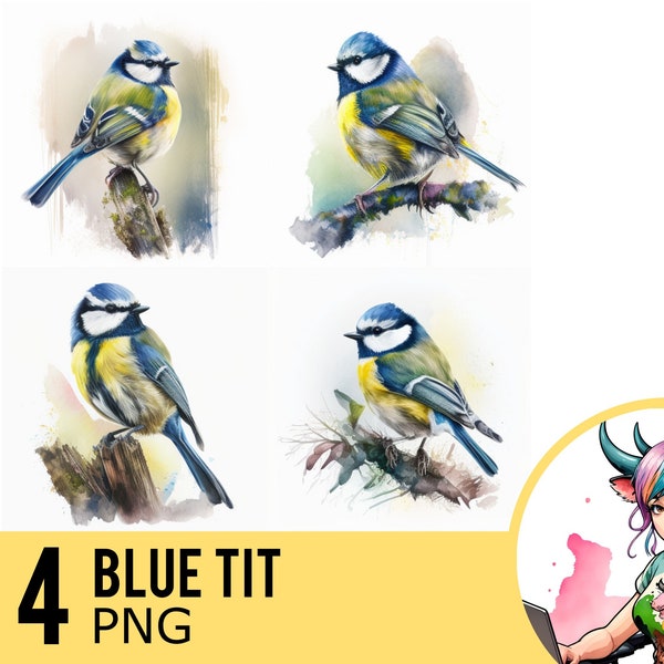 Blue Tit Watercolor PNG clipart, Bluetit Bird Portrait PNG Watercolour, Instant Download, Commercial Use, Four Separate PNG Images, UD79