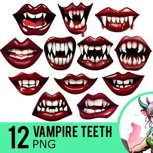 Vampire Teeth Clipart: Spooky Dripping Lips, 12 PNG Images (Digital Download)