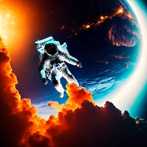 May include: An astronaut floats in space, wearing a white spacesuit with a blue helmet. The astronaut is surrounded by orange clouds and a blue and green planet in the background.