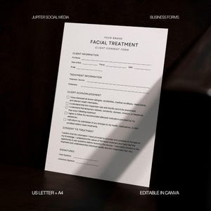 Peut inclure: Un formulaire de consentement client pour soin du visage blanc avec du texte noir. Le document comprend des sections pour les informations client, les détails du soin, la reconnaissance client et le consentement, avec des lignes pour signatures.