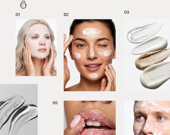 May include: A collection of skincare product images. The images show a variety of skincare treatments, including a face mask, creams, serums, and lip scrub. The images are numbered and feature diverse skin tones.