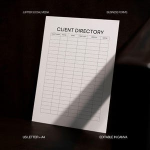 Puede incluir: Un formulario de directorio de clientes en papel blanco con texto y líneas de cuadrícula en negro. El encabezado dice CLIENT DIRECTORY con columnas para nombre, teléfono, correo, primera visita, servicio y notas. JUPITER SOCIAL MEDIA.