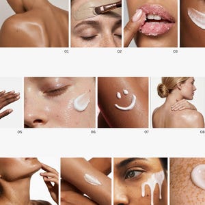 May include: A collage of eleven skincare product application images showing various textures of creams, scrubs, and masks applied to skin, including a smiley face shape made of white cream, a clay mask being brushed on, and skin hydration.