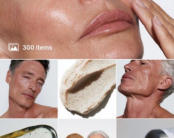 May include: A collage of skincare product imagery featuring a white exfoliating scrub with brown particles, a clear viscous gel, and a white cream dispensed from a metallic tube. The visuals include close-ups of skin application and portraits.
