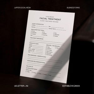 May include: A white paper facial treatment client record form with black text. The document includes sections for client information, skin condition, treatment performed, products used, devices, techniques, skin response, and homecare recommendations.