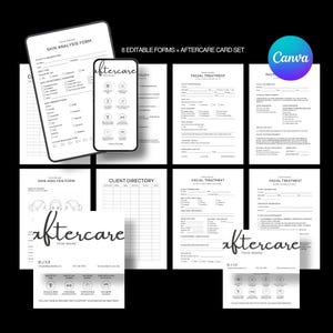 Pode incluir: Um conjunto de oito formulários e cartões de cuidados pós-tratamento editáveis em preto e branco para cuidados com a pele e tratamentos faciais. Os documentos incluem formulários de análise de pele, diretórios e registros.