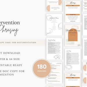 May include: A digital download of 180 intervention phrases for therapists, in US Letter and A4 size, printable as a PDF or editable in Google Docs. The document features a minimalist design with a peach and brown colour scheme.