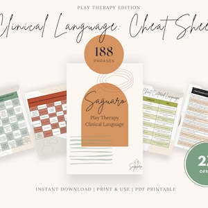May include: A printable cheat sheet for play therapy clinical language with 188 phrases. The cheat sheet is in a light green and brown color scheme with a 2x offer.