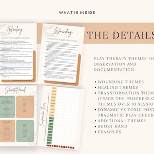 May include: A printable resource for play therapists, featuring a checklist of themes for observation and documentation. The checklist includes categories such as wounding, healing, transformation, and dynamic vs toxic post traumatic play. The resource also includes a short-hand guide and examples.