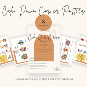 May include: Eight printable posters for a calm down corner. The posters feature illustrations of children engaging in calming activities, such as deep breathing, taking a break, and listening to music. The posters are designed to help children manage stress and regulate their emotions.