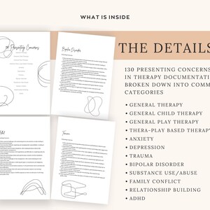 May include: A black and white image with the text "130 Presenting Concerns to Use in Therapy Documentation - Broken Down into Common Categories". The text is followed by a list of therapy categories, including General Therapy, General Child Therapy, General Play Therapy, Thera-Play Based Therapy, Anxiety, Depression, Trauma, Bipolar Disorder, Substance Use/Abuse, Family Conflict, Relationship Building, and ADHD.