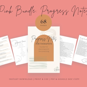 May include: A pink background with a bundle of 68 pages of progress notes for therapists. The bundle includes forms for planning and documenting sessions. The text "Pink Bundle: Progress Notes" is at the top of the image. The text "68 Pages" is in a circle in the upper middle of the image. The text "Progress Notes for Therapists" is in a brown rectangle in the middle of the image. The text "bundle for planning and documenting" is below the rectangle. The text "Instant Download | Print & Use | PDF & Google Doc Copy" is at the bottom of the image.
