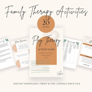 May include: A digital download of a play therapy activity guide with over 20 pages of activities. The guide features a brown and green colour scheme with abstract shapes and text that says "Play Therapy Activity Guide".