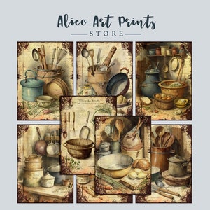 Cartões ATC de itens de cozimento vintage em aquarela, cartões de diário de lixo, cartões de diário imprimíveis, cartões imprimíveis para artesanato DIY Scrapbooking N05