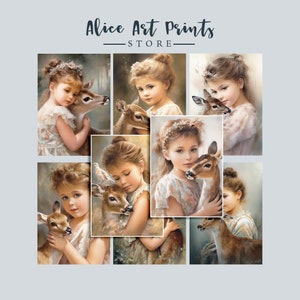 Folhas de colagem digital de cervo bebê menina aquarela, cartões ATC digitais de alta qualidade, cartões imprimíveis para artesanato DIY e scrapbooking N03