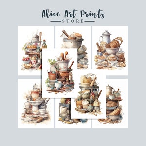 Cartões ATC de itens de cozimento vintage em aquarela, cartões de diário de lixo, cartões de diário imprimíveis, cartões imprimíveis para artesanato DIY Scrapbooking N04