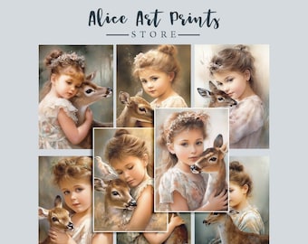 Watercolor Little Girl baby deer Digital Collage Sheets, High-Quality Digital ATC Cards, Printable Cards for DIY Crafts and Scrapbooking N03