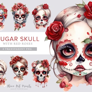 Könnte beinhalten: Sechs digitale Illustrationen von Zucker Schädeln mit roten Rosen. Die Schädel sind mit bemalten Details und großen Augen stilisiert. Die Bilder sind im PNG-Format.