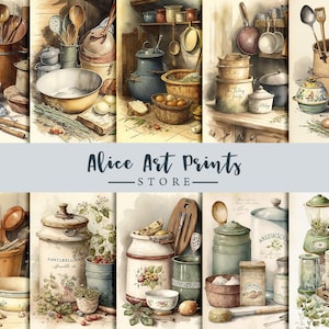 Itens de panificação vintage, coisas efêmeras de papel, páginas de diário em aquarela vintage, diário de lixo de cozinha vintage para impressão, 16 páginas de diário de lixo
