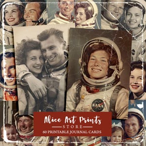 Retro sci-fi astronautenpaarkaarten, vintage astronautenfotocollectie, ruimteavontuur ongewenste dagboekkaarten, ruimtevaart vintage ephemera