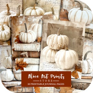 Cremefarbene Kürbisse Junk Journal Seiten, Ephemera Kürbis digitales Papier für Scrapbooking, Aquarell gemütlicher Herbst druckbarer Hintergrund