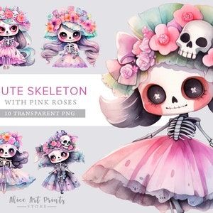 Kawaii Halloween scheletro acquerello Clipart, scheletro carino PNG, ragazza scheletro PNG Bundle, Chibi Halloween scheletro ragazza, disegno di sublimazione