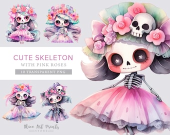 Kawaii Halloween Skelett Aquarell Clipart, süßes Skelett PNG, Skelett Mädchen PNG Bundle, Chibi Halloween Skelett Mädchen, Sublimation Design