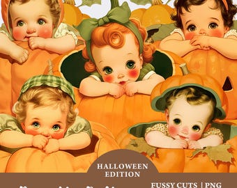 Paquete de imágenes prediseñadas de calabazas de Halloween para bebés, calabazas de bebés, recortes de efímeras para diarios basura, descarga digital vintage de otoño, Halloween de otoño