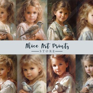 Petite fille avec des peintures d'oiseaux Cartes ATC, beau petit ange tient une petite carte de journalisation d'oiseau, images éphémères pour le bricolage