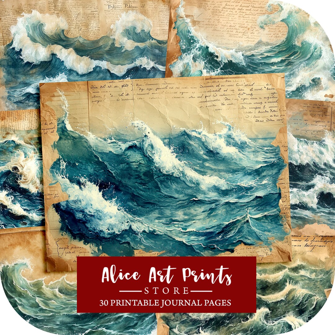 Watercolor Ocean Junk Journal Kit, Blue Waves Journal Pages, Stormy ...