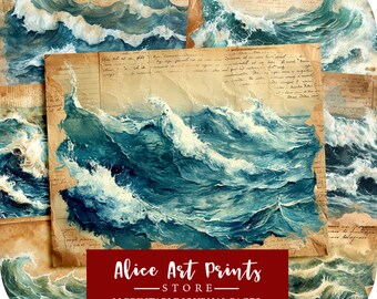 Aquarel Ocean Junk Journal Kit, Blue Waves Journal Pages, Stormy Water Digitaal Papier voor Scrapbooking, Sea Storm Grunge Journal Paper