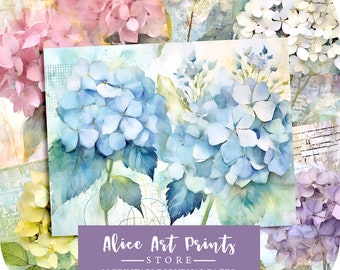 Op de afbeelding: Een collage van aquarel schilderijen met hortensia's in verschillende tinten blauw, roze, wit en paars. De afbeelding bevat de tekst "Alice Art Prints - STORE - 30 Printable Journal Pages".