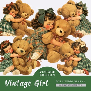 Little Girl with Teddy Bear Clipart Bundle, transparent PNG, Vintage Cute Girls Clipart, Sublimation, Paper craft, Junk Journal Scrapbooking