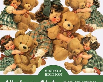 Paquete de imágenes prediseñadas de niña con osito de peluche, PNG transparente, imágenes prediseñadas vintage para niñas lindas, sublimación, artesanía de papel, scrapbooking de diario basura