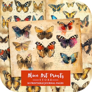 Aquarell Schmetterling Junk Journal Kit, Vintage Schmetterling Digitale Papiere druckbare Seite Scrapbooking Schmetterlinge Shabby Chic Instant Download
