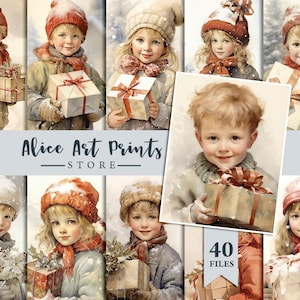 Art aquarelle rétro pour enfants de Noël, cartes de journalisation souvenirs d’hiver d’enfance vintage, ensemble d’illustrations à l’aquarelle, images éphémères