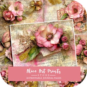 Victorian Valentine Junk Journal Pages, Valentine&#39;s Day Digital Paper, Valentine&#39;s Day Papers Collage, Pink Hearts Scrapbook Background
