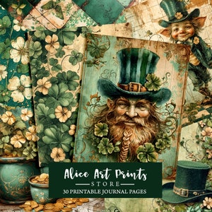 Pode incluir: Uma colagem digital de 30 páginas de diário imprimíveis com ilustrações de duendes com chapéus verdes e trevos. O texto "Alice Art Prints - STORE - 30 Printable Journal Pages" está na parte inferior da imagem.