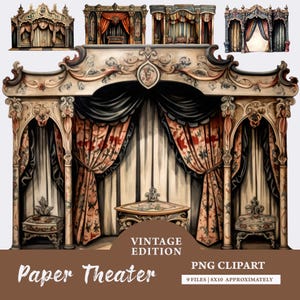 May include: A collection of digital paper theater illustrations featuring ornate proscenium arches with intricate carvings, draped curtains in shades of red, black, and cream, and small side tables. Text reads VINTAGE EDITION PAPER THEATER.