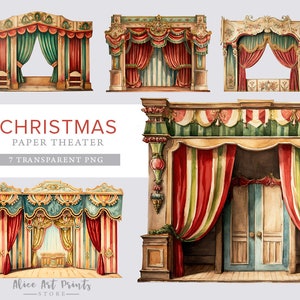 Imprimible Navidad Vintage Paper Theatre, French Theatre Dollhouse, efímera vintage digital de diario basura, fabricación de tarjetas, scrapbooking
